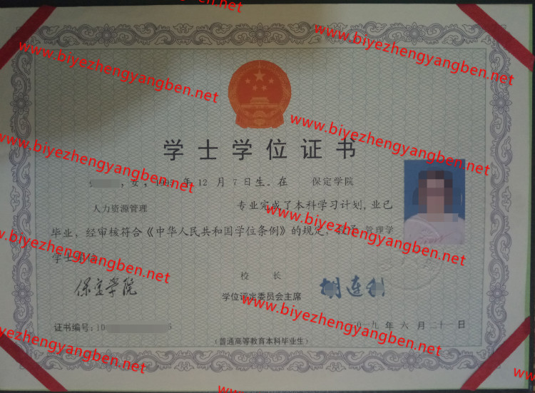 保定学院学士学位证书样本