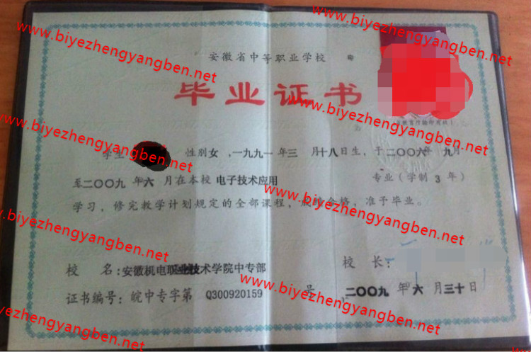2009年安徽机电职业技术学院中专<a href='http://www.biyezhengyangben.net/' target='_blank'><u>毕业证样本</u></a>