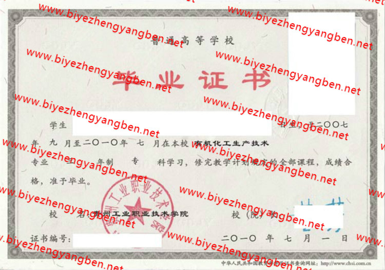 2010年贵州工业职业技术学院毕业证样本