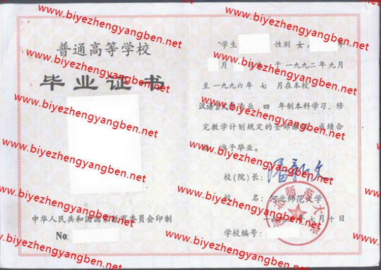 1996年河北师范大学毕业证样本
