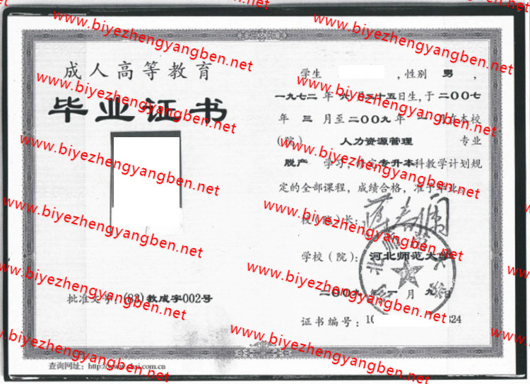 2009年河北师范大学毕业证样本