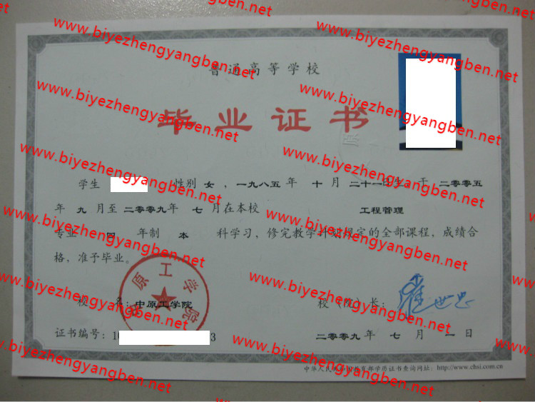 2009年中原工学院毕业证样本
