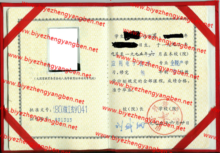 1995年电子科技大学毕业证样本