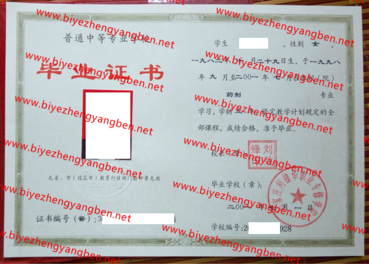 2001年石家庄柯棣华职业专修学院中专<a href='http://www.biyezhengyangben.net/' target='_blank'><u>毕业证样本</u></a>