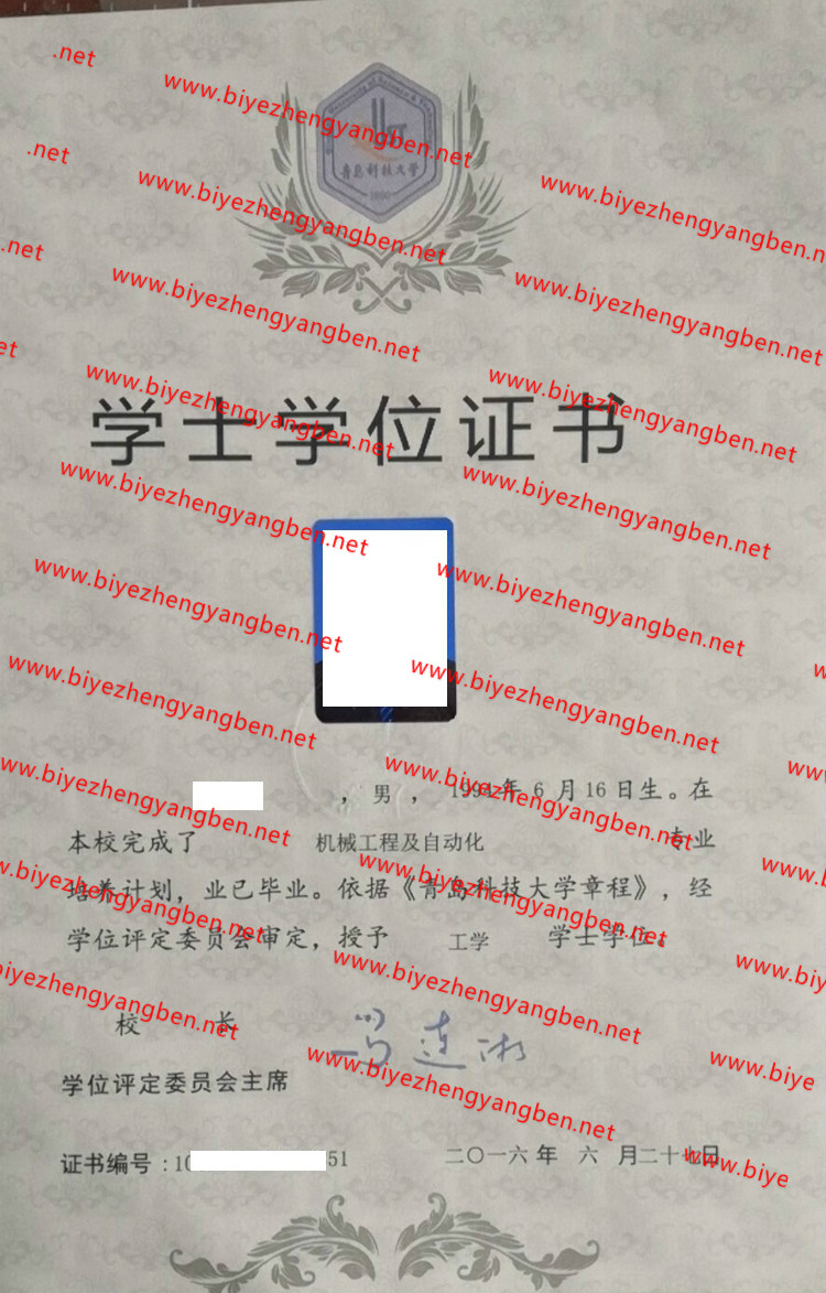 青岛科技大学学士学位证书样本