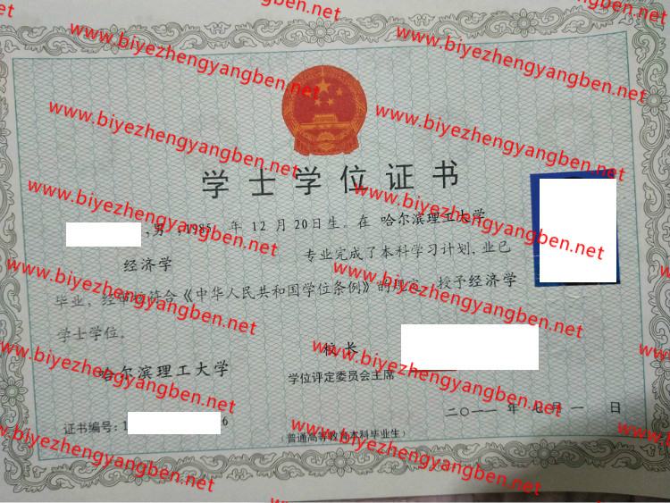 哈尔滨理工大学学士学位证书样本