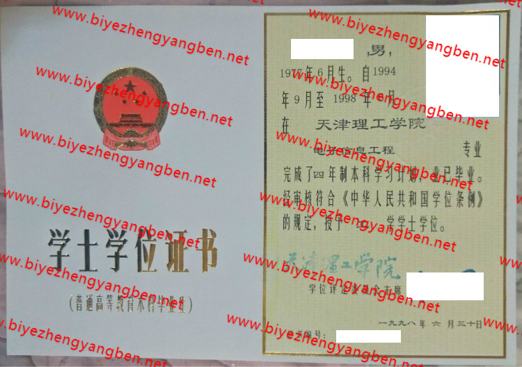 天津理工学院学士学位证书样本