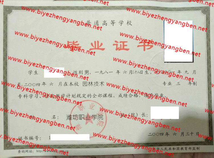 潍坊职业学院毕业证样本