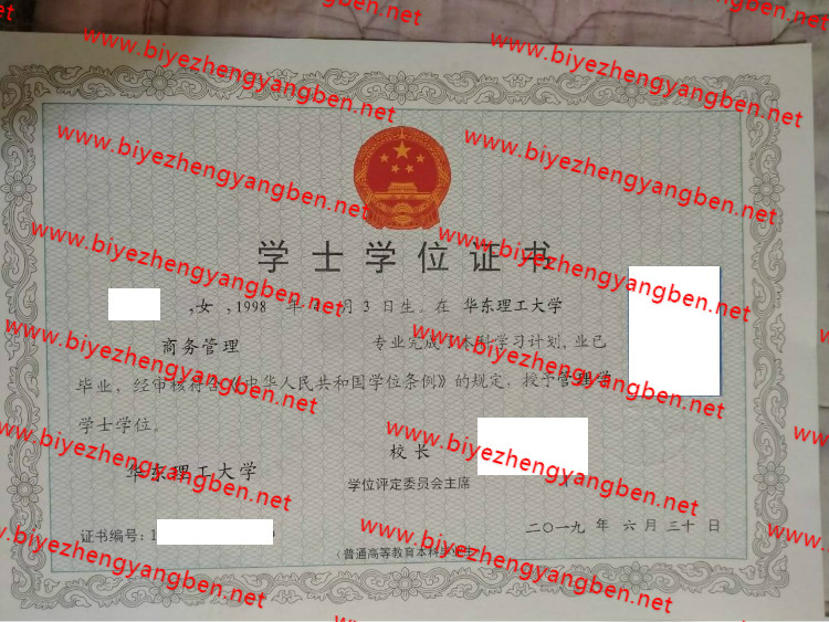 华东理工大学学士学位证书样本