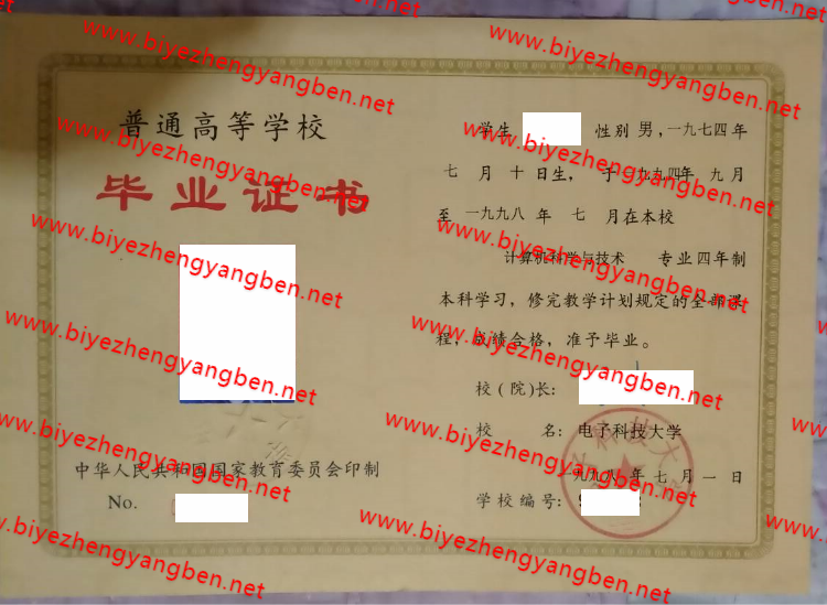 电子科技大学毕业证样本