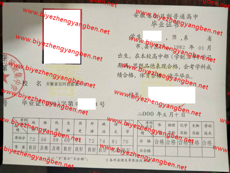 安徽省五河县新集中学高中<a href='http://www.biyezhengyangben.net/' target='_blank'><u>毕业证样本</u></a>