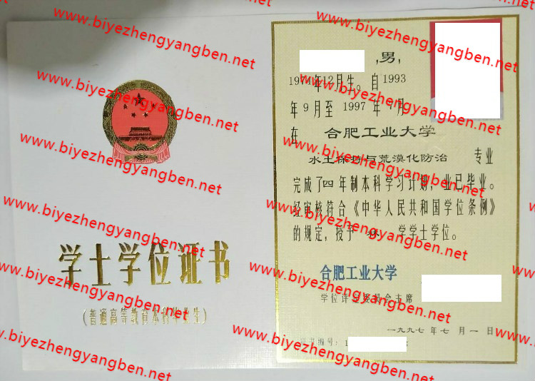 合肥工业大学学士学位证书样本
