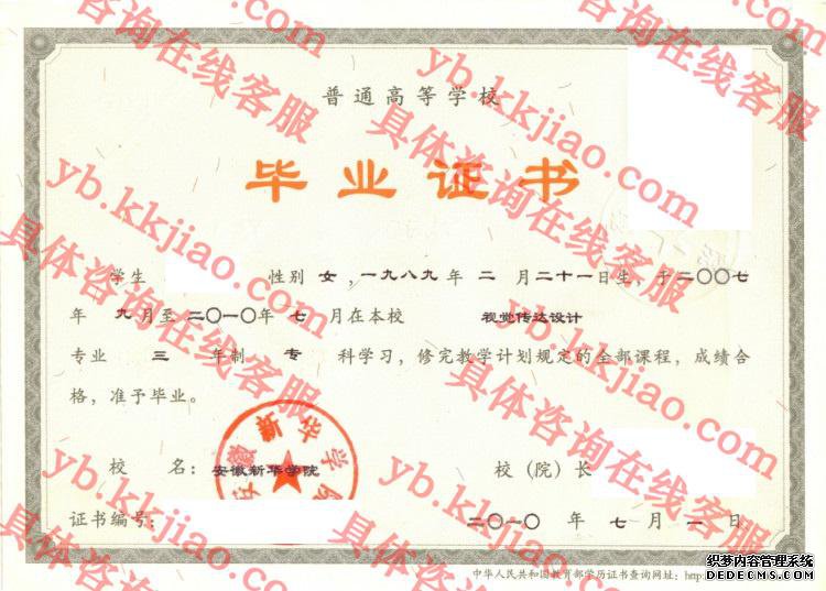 安徽新华学院毕业证样本图