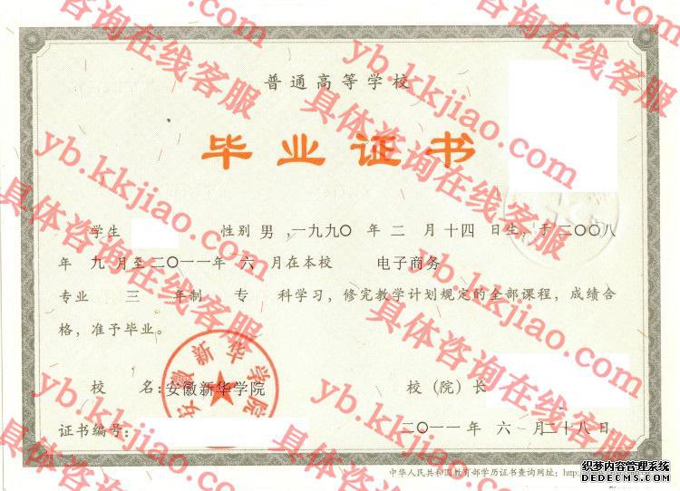 安徽新华学院毕业证样本图
