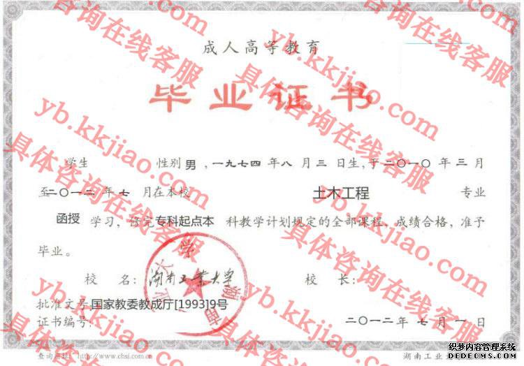 湖南工业大学毕业证样本