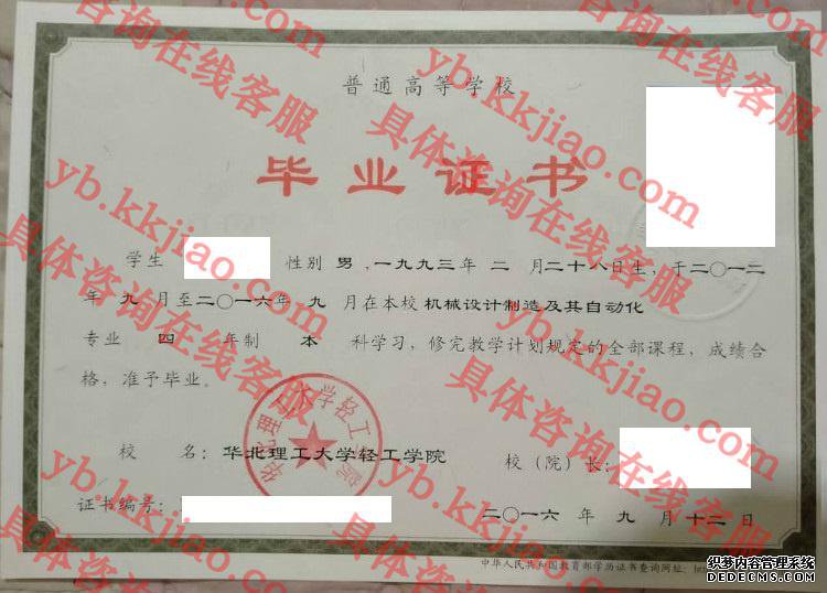华北理工大学轻工学院毕业证样本