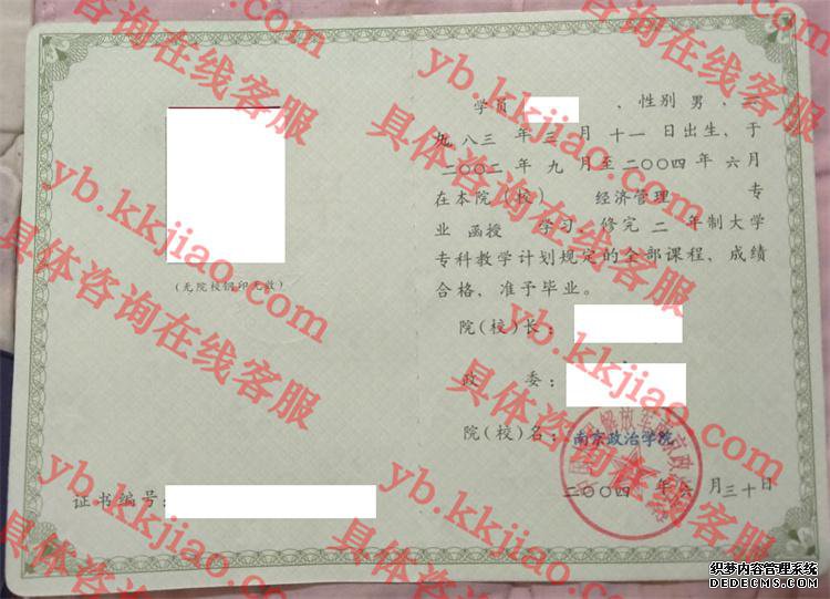 南京政治学院毕业证样本