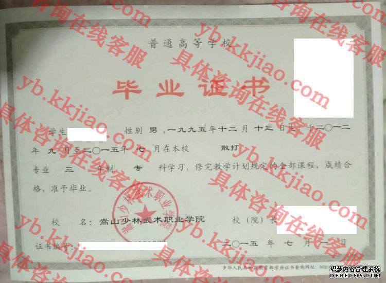 嵩山少林武术职业学院毕业证样本
