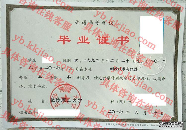 长沙理工大学毕业证样本
