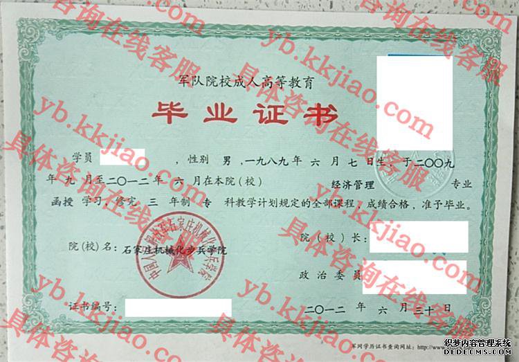 中国人民解放军石家庄机械化步兵学院<a href='http://www.biyezhengyangben.net/' target='_blank'><u>毕业证样本</u></a>