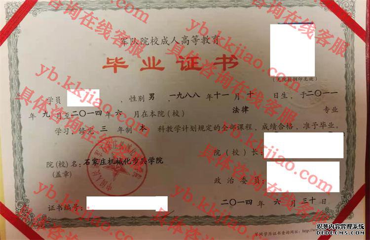 中国人民解放军石家庄机械化步兵学院毕业证样本
