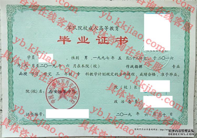 中国人民解放军西安陆军学院<a href='http://www.biyezhengyangben.net/' target='_blank'><u>毕业证样本</u></a>