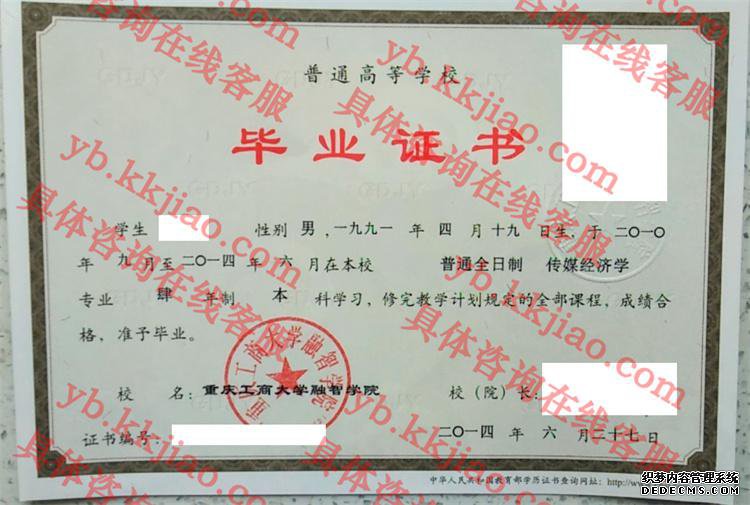 重庆工商大学融智学院毕业证样本