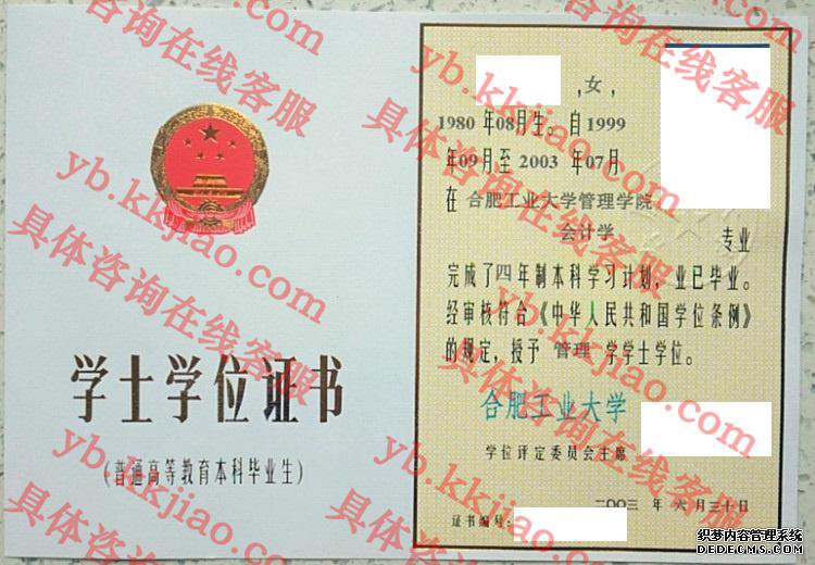 合肥工业大学学士学位证书样本