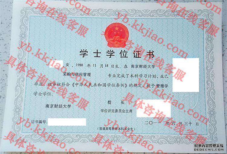 南京财经大学学士学位证书样本