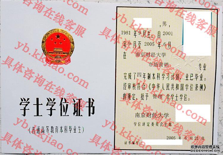 南京财经大学学士学位证书样本