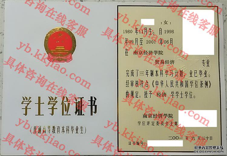 南京经济学院学士学位证书样本