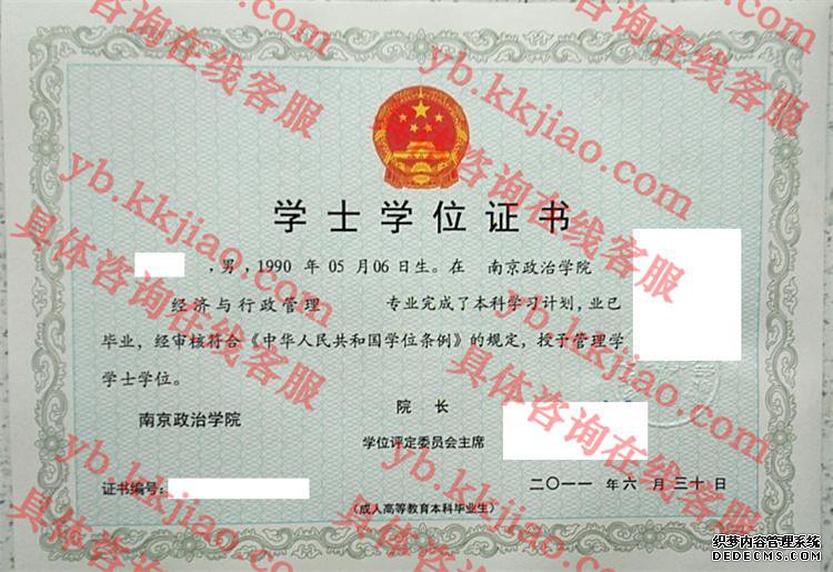 南京政治学院学士学位证书样本