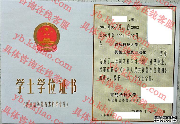 青岛科技大学学士学位证书样本