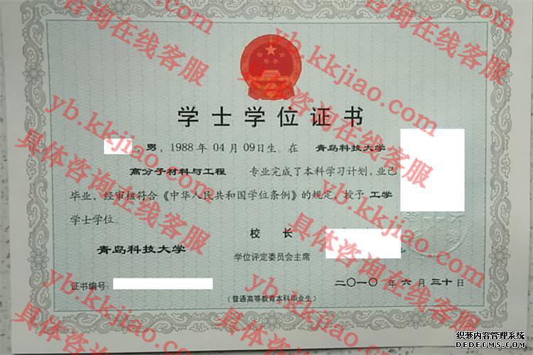 青岛科技大学学士学位证书样本