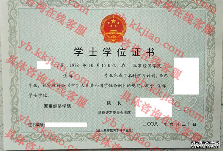 军事经济学院学士学位证书样本