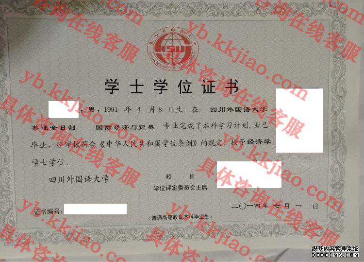 四川外国语大学学士学位证书样本