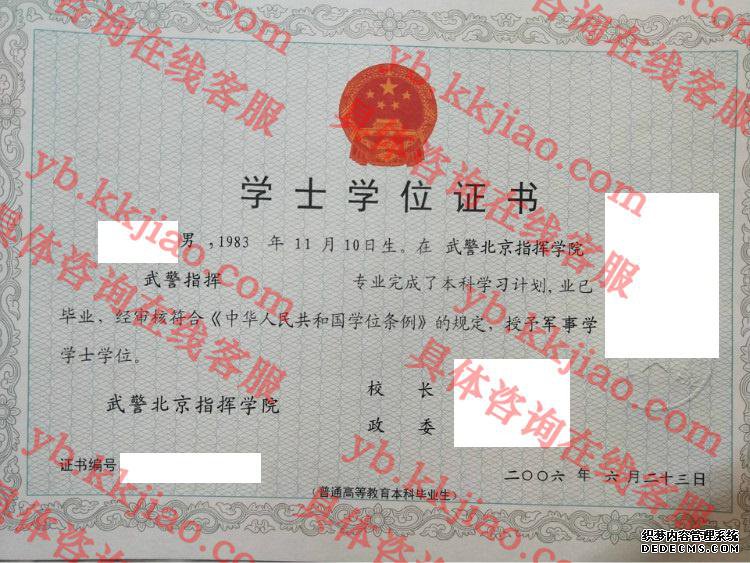 武警北京指挥学院学士学位证书样本
