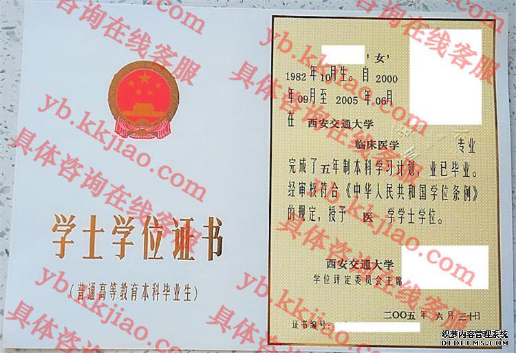 西安交通大学学士学位证书样本