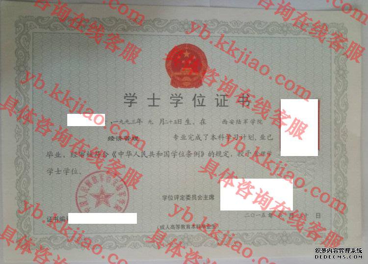西安陆军学院学士学位证书样本