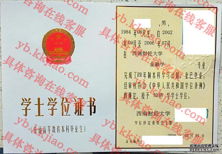 西南财经大学学士学位证书样本