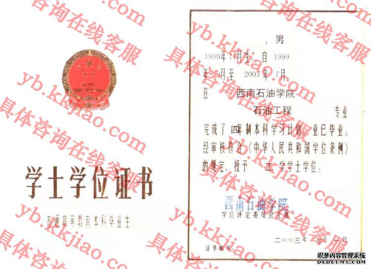西南石油学院学士学位证书样本