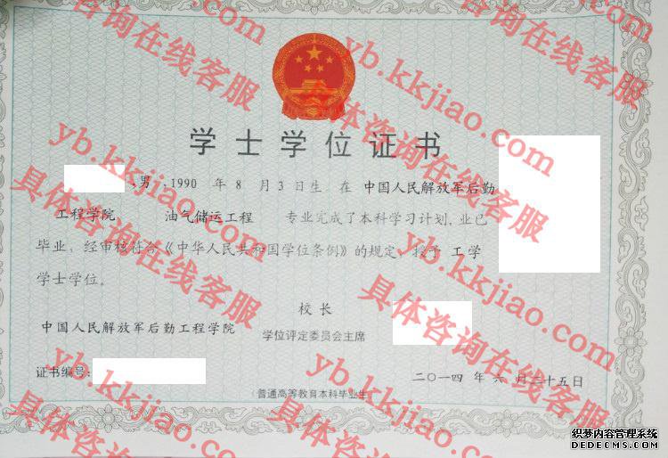 中国人民解放军后勤工程学院学士学位证书样本
