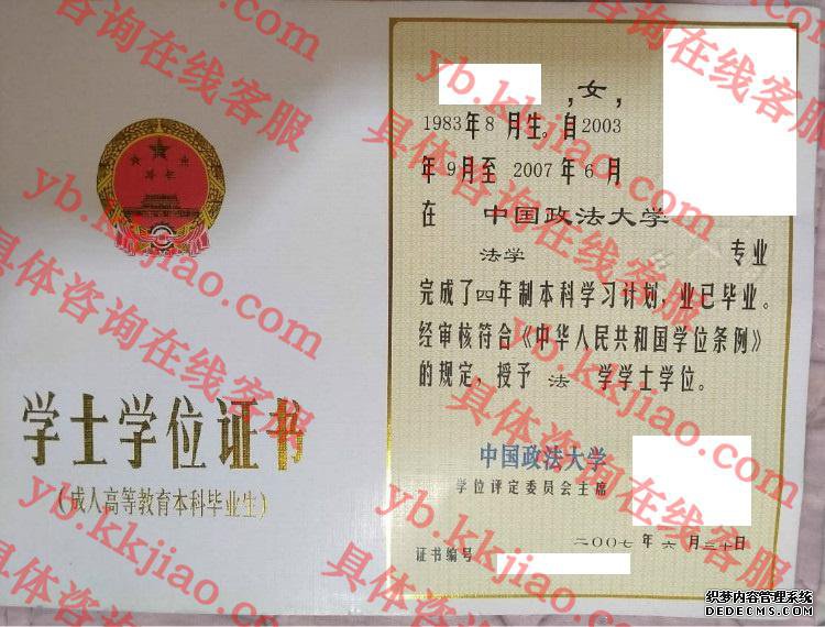 中国政法大学学士学位证书样本